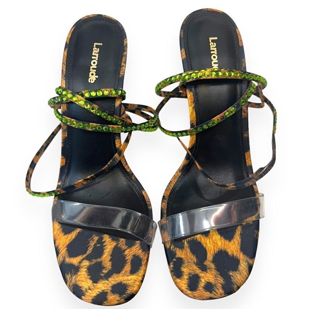 Larroude Disco Gloria Leopard-Print Wrap Sandals Heels Embellished Women Size 8 - Picture 4 of 6